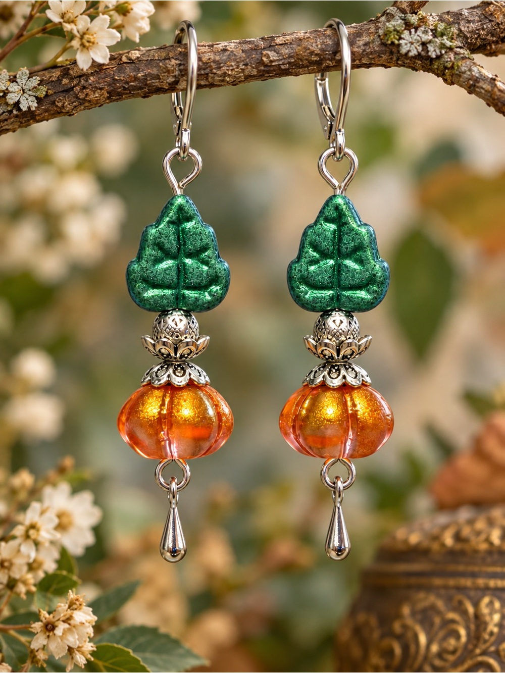 Green Czech Glass Leaf Amber Pumpkin Boho Earrings